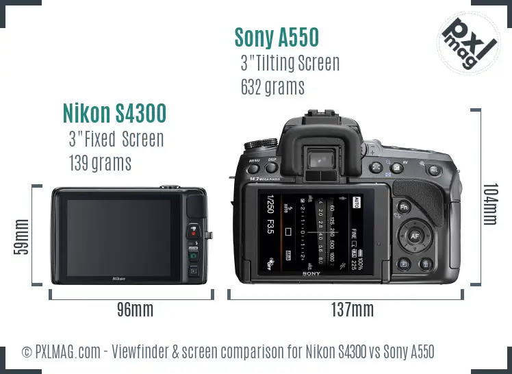 Nikon S4300 vs Sony A550 Screen and Viewfinder comparison