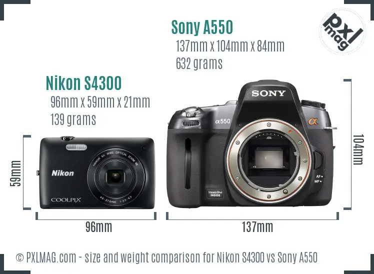 Nikon S4300 vs Sony A550 size comparison