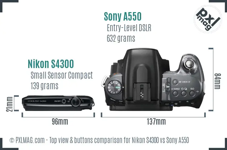 Nikon S4300 vs Sony A550 top view buttons comparison