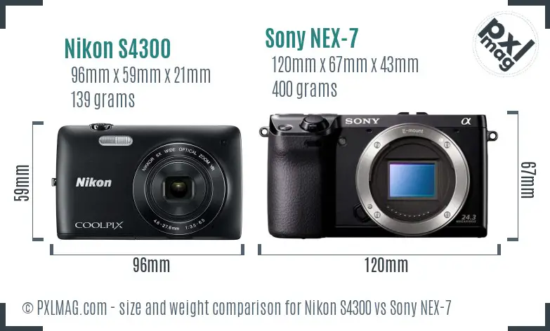Nikon S4300 vs Sony NEX-7 size comparison