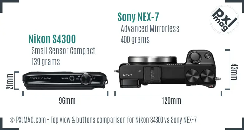 Nikon S4300 vs Sony NEX-7 top view buttons comparison