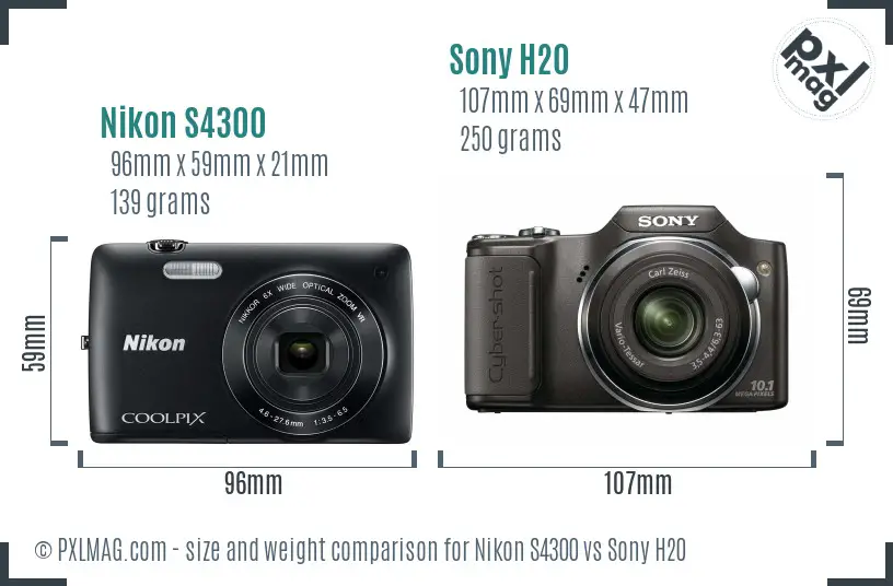 Nikon S4300 vs Sony H20 size comparison