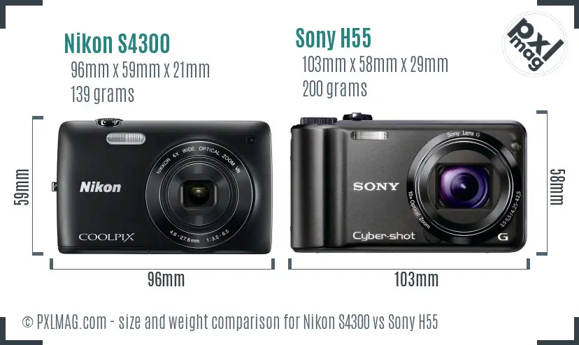 Nikon S4300 vs Sony H55 size comparison