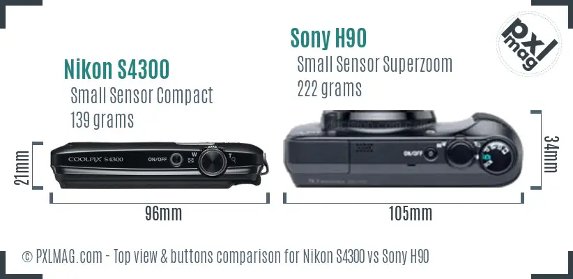 Nikon S4300 vs Sony H90 top view buttons comparison Nikon S4300 vs Sony H90 top view buttons comparison