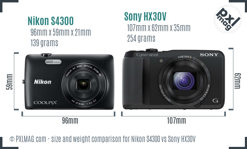 Nikon S4300 vs Sony HX30V size comparison