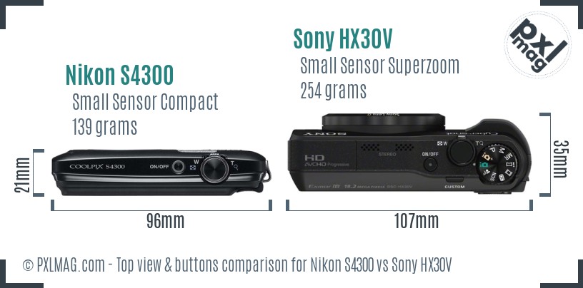 Nikon S4300 vs Sony HX30V top view buttons comparison