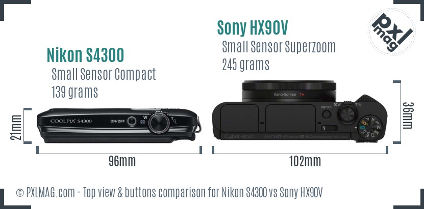 Nikon S4300 vs Sony HX90V top view buttons comparison