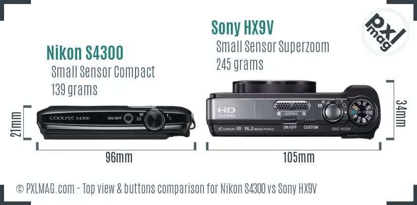Nikon S4300 vs Sony HX9V top view buttons comparison