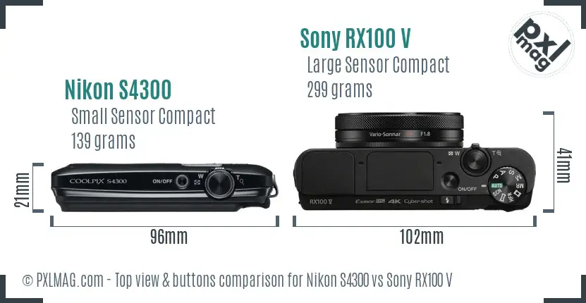Nikon S4300 vs Sony RX100 V top view buttons comparison