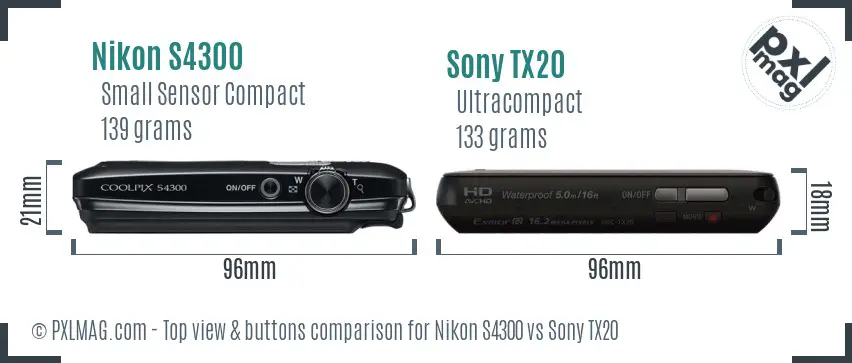 Nikon S4300 vs Sony TX20 top view buttons comparison