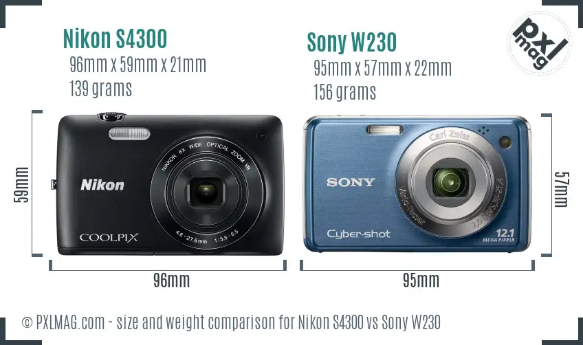 Nikon S4300 vs Sony W230 size comparison