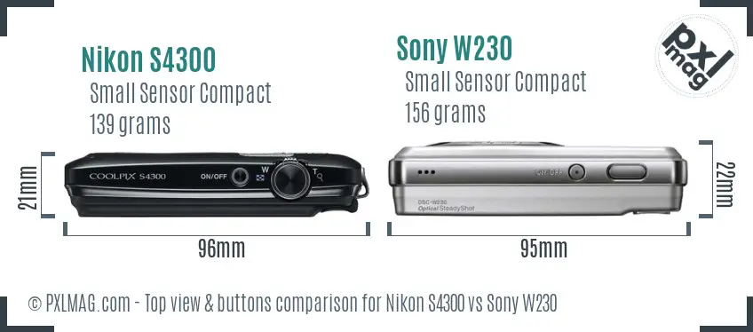Nikon S4300 vs Sony W230 top view buttons comparison