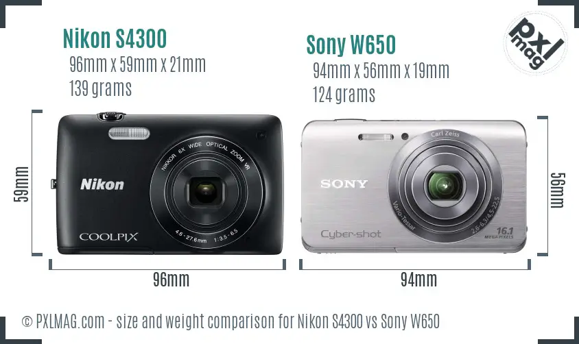 Nikon S4300 vs Sony W650 size comparison