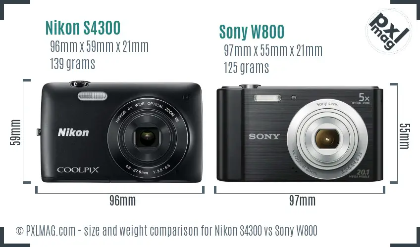 Nikon S4300 vs Sony W800 size comparison