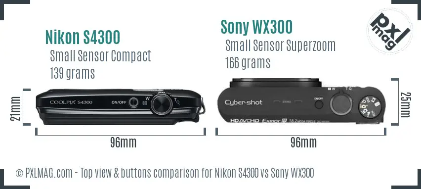 Nikon S4300 vs Sony WX300 top view buttons comparison Nikon S4300 vs Sony WX300 top view buttons comparison