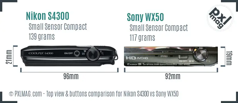 Nikon S4300 vs Sony WX50 top view buttons comparison