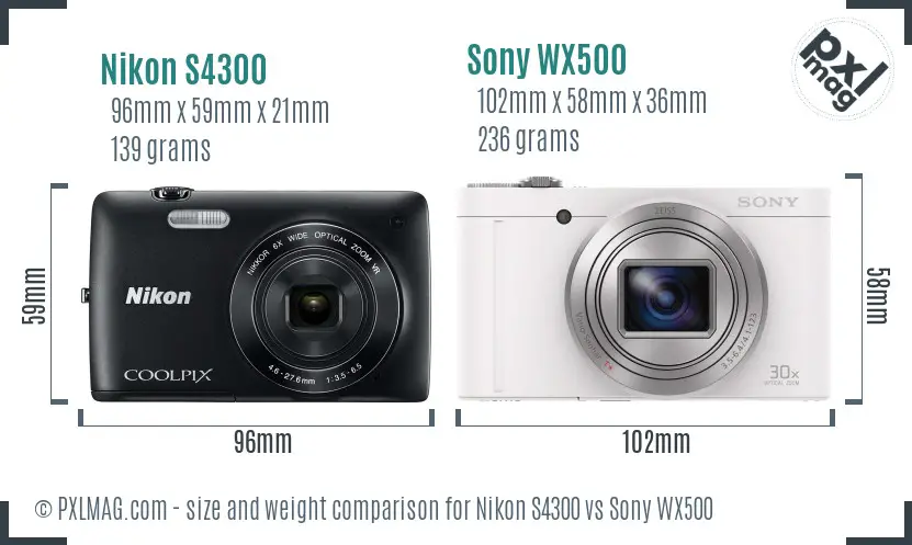 Nikon S4300 vs Sony WX500 size comparison