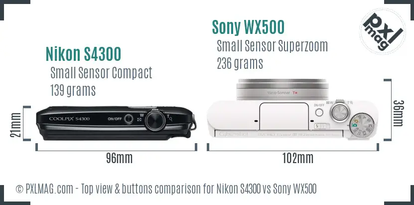 Nikon S4300 vs Sony WX500 top view buttons comparison