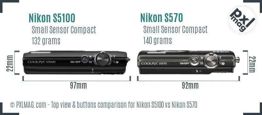Nikon S5100 vs Nikon S570 top view buttons comparison