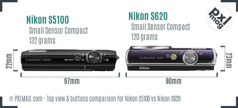 Nikon S5100 vs Nikon S620 top view buttons comparison