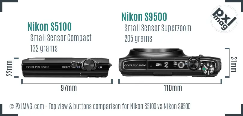 Nikon S5100 vs Nikon S9500 top view buttons comparison