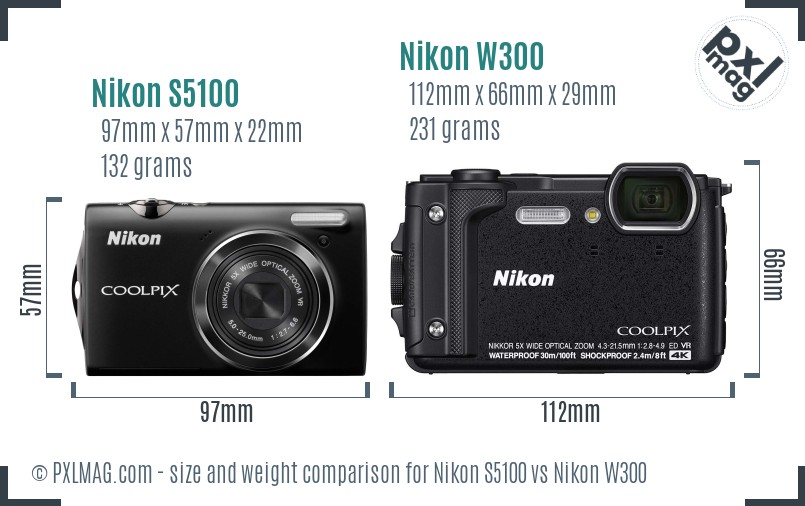 Nikon S5100 vs Nikon W300 size comparison