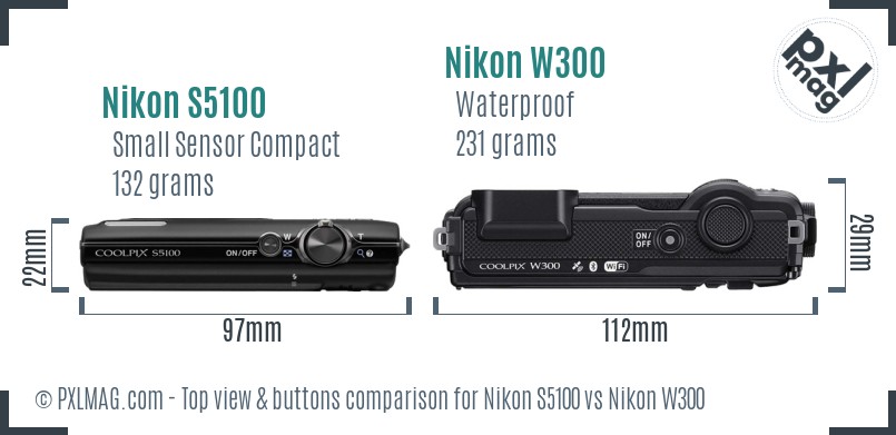 Nikon S5100 vs Nikon W300 top view buttons comparison