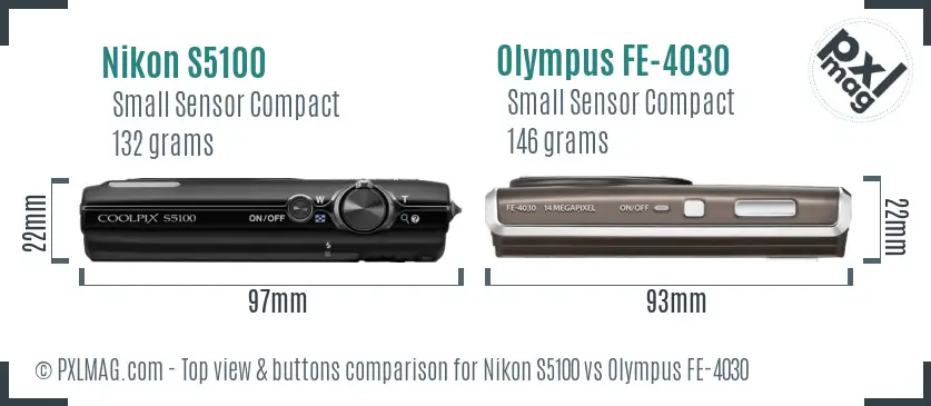 Nikon S5100 vs Olympus FE-4030 top view buttons comparison