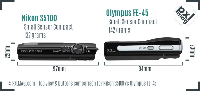 Nikon S5100 vs Olympus FE-45 top view buttons comparison