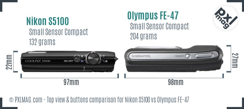 Nikon S5100 vs Olympus FE-47 top view buttons comparison