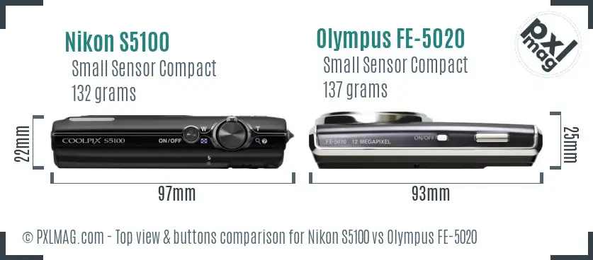 Nikon S5100 vs Olympus FE-5020 top view buttons comparison Nikon S5100 vs Olympus FE-5020 top view buttons comparison