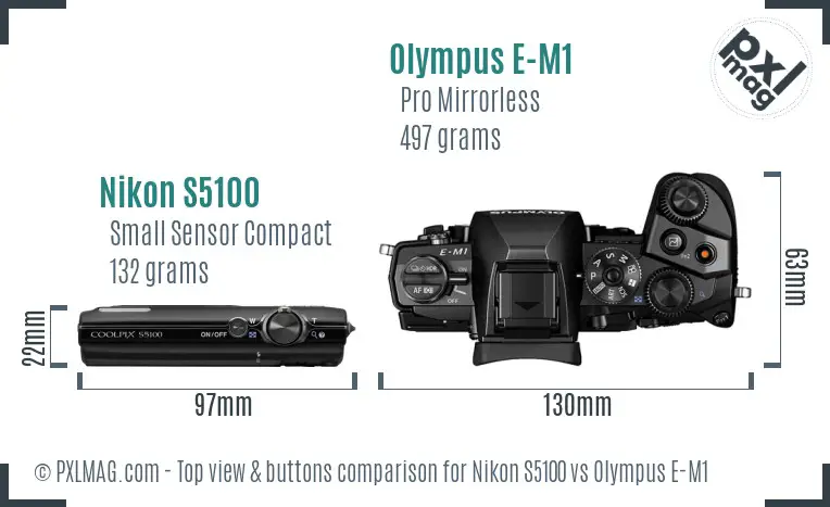 Nikon S5100 vs Olympus E-M1 top view buttons comparison