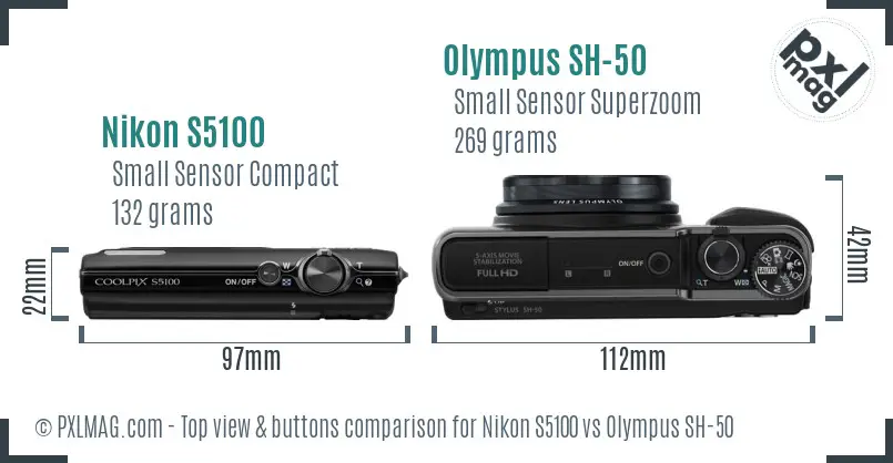 Nikon S5100 vs Olympus SH-50 top view buttons comparison Nikon S5100 vs Olympus SH-50 top view buttons comparison