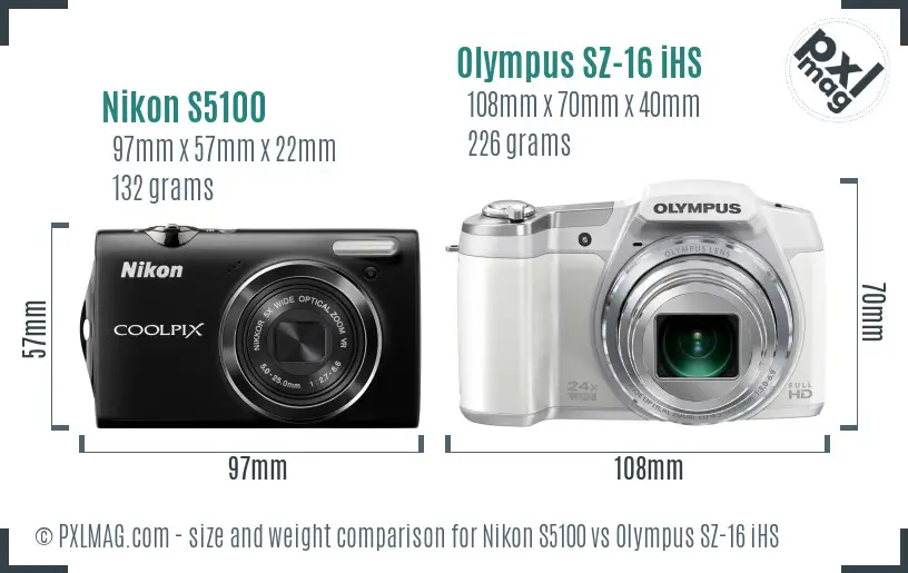 Nikon S5100 vs Olympus SZ-16 iHS size comparison