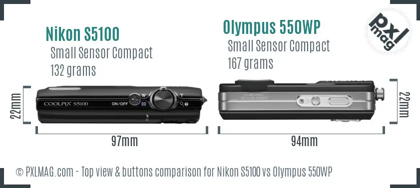 Nikon S5100 vs Olympus 550WP top view buttons comparison Nikon S5100 vs Olympus 550WP top view buttons comparison