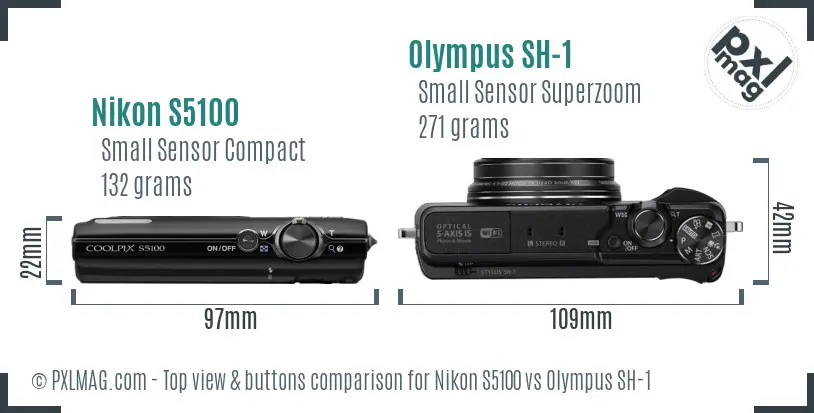 Nikon S5100 vs Olympus SH-1 top view buttons comparison