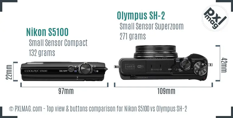 Nikon S5100 vs Olympus SH-2 top view buttons comparison