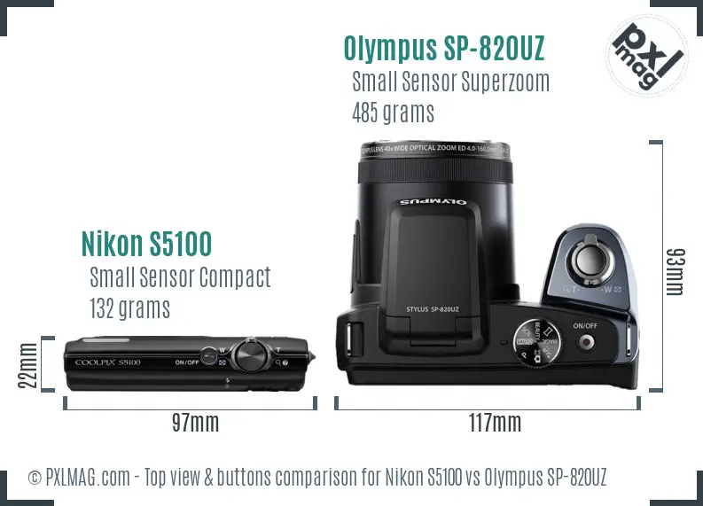 Nikon S5100 vs Olympus SP-820UZ top view buttons comparison