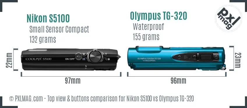 Nikon S5100 vs Olympus TG-320 top view buttons comparison