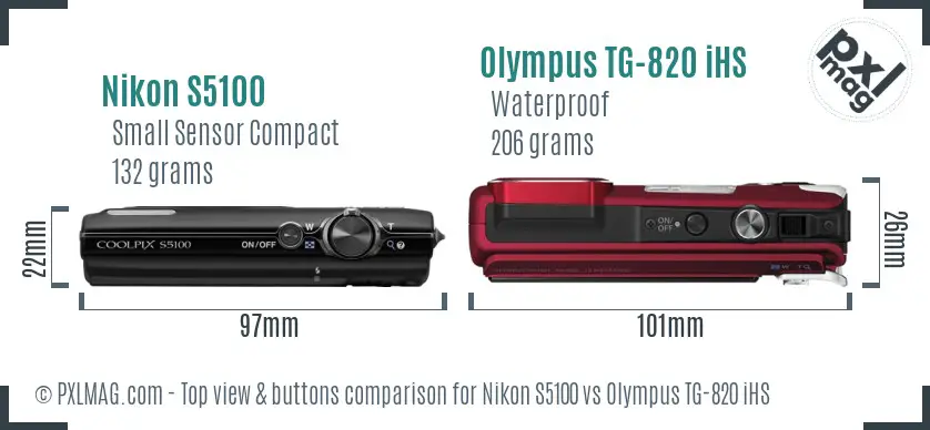 Nikon S5100 vs Olympus TG-820 iHS top view buttons comparison Nikon S5100 vs Olympus TG-820 iHS top view buttons comparison