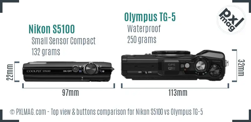 Nikon S5100 vs Olympus TG-5 top view buttons comparison