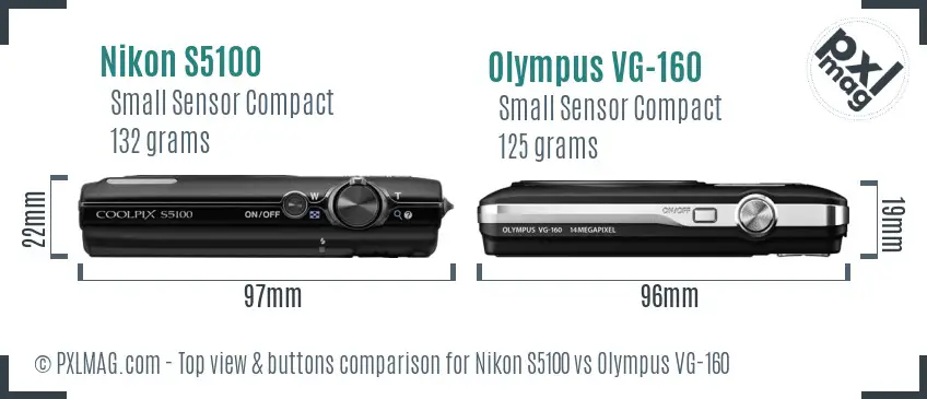 Nikon S5100 vs Olympus VG-160 top view buttons comparison