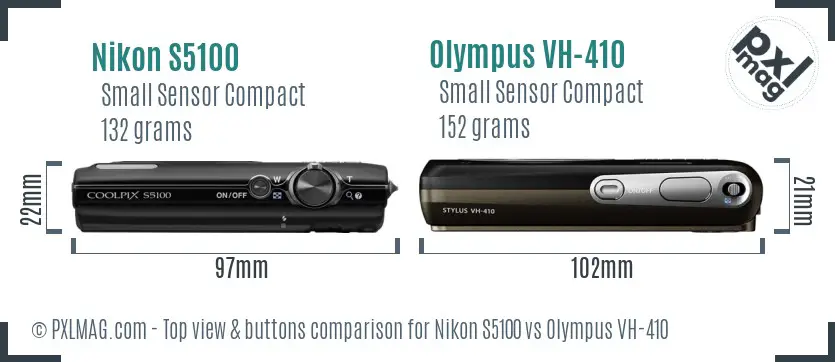 Nikon S5100 vs Olympus VH-410 top view buttons comparison Nikon S5100 vs Olympus VH-410 top view buttons comparison