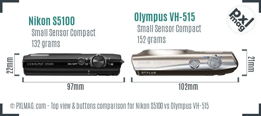 Nikon S5100 vs Olympus VH-515 top view buttons comparison