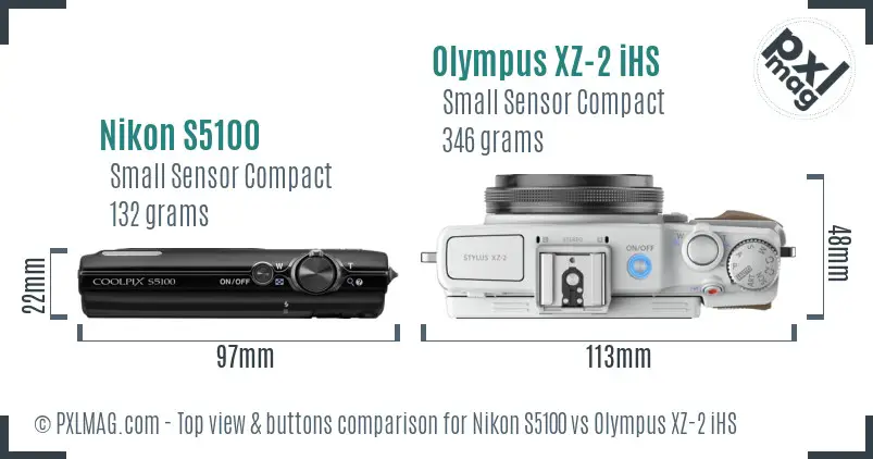 Nikon S5100 vs Olympus XZ-2 iHS top view buttons comparison