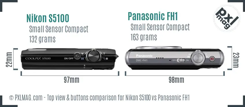 Nikon S5100 vs Panasonic FH1 top view buttons comparison