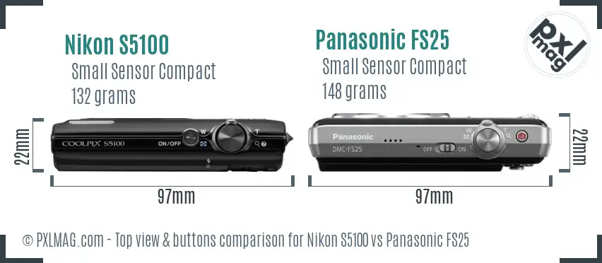 Nikon S5100 vs Panasonic FS25 top view buttons comparison