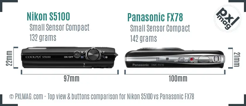 Nikon S5100 vs Panasonic FX78 top view buttons comparison