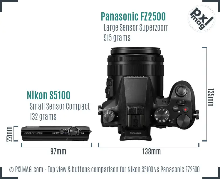Nikon S5100 vs Panasonic FZ2500 top view buttons comparison