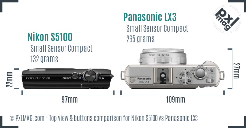 Nikon S5100 vs Panasonic LX3 top view buttons comparison
